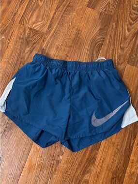 Nike Women's Deep Blue Athletic Running Shorts with Silver Swoosh